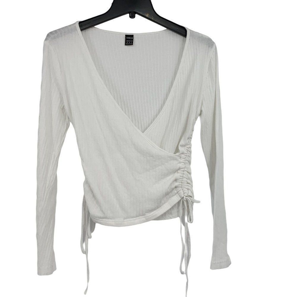 Shein White wrap surplice rib Top Size M ruche 1854 Long Sleeve Pullover
